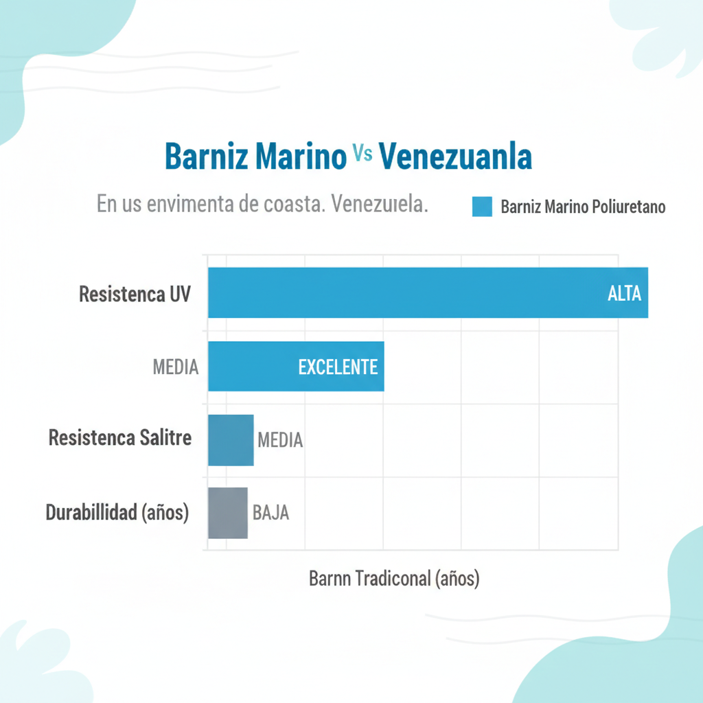 Gráfico de barras comparativo de ventajas del barniz marino versus tradicional en climas venezolanos, destacando resistencia y durabilidad.