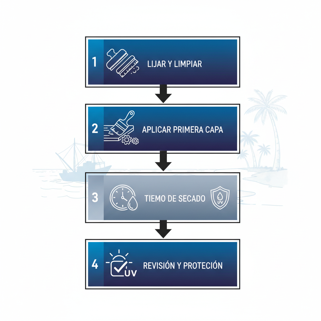 Diagrama de flujo vertical ilustrando las cuatro etapas de aplicación de barniz marino en madera exterior para protección marina.
