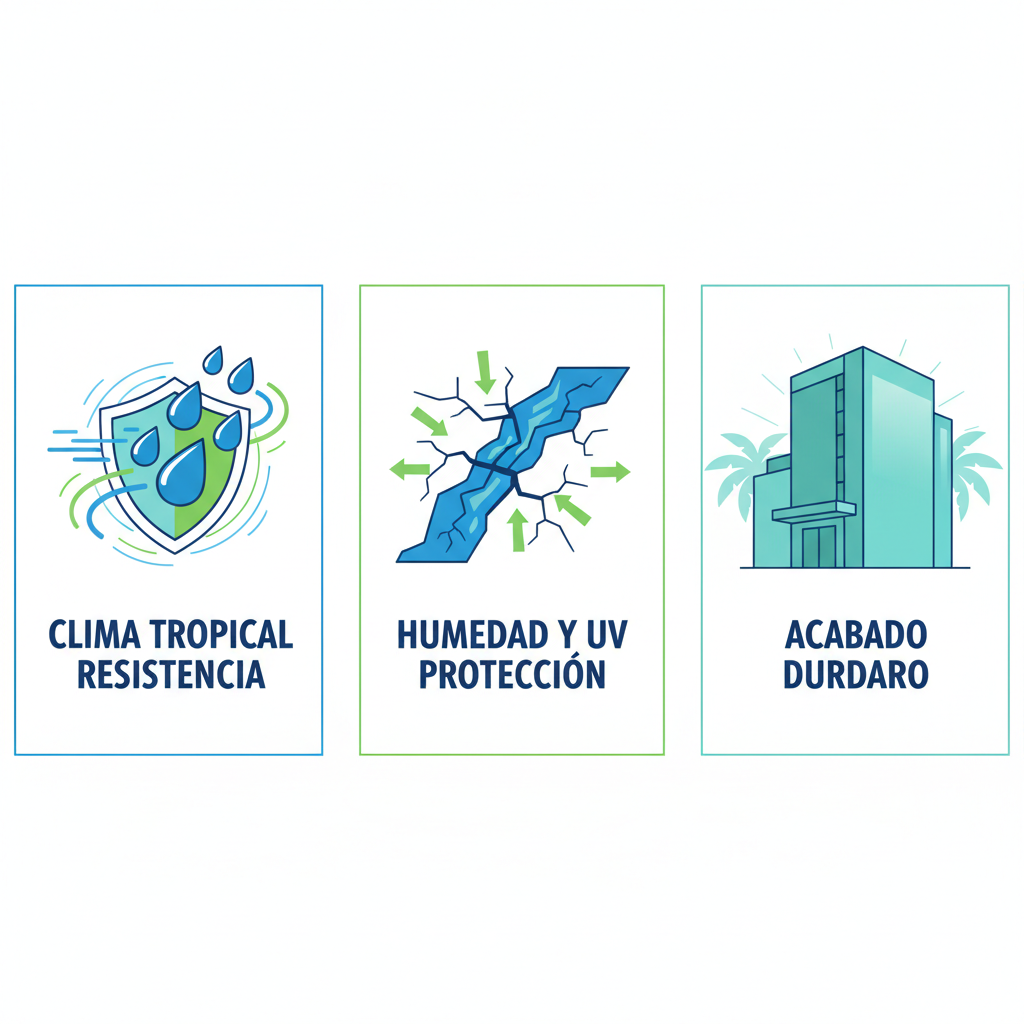 Infografía de beneficios de pinturas elastoméricas para fachadas: resistencia al clima, protección UV y durabilidad en Venezuela