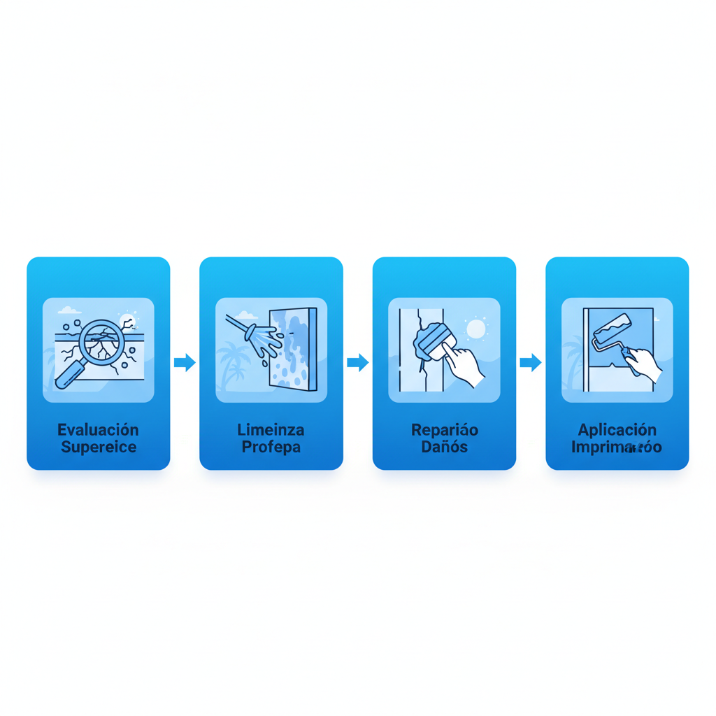 Diagrama de flujo horizontal ilustrando las cuatro etapas de preparación de superficies para pinturas elastoméricas en fachadas venezolanas.