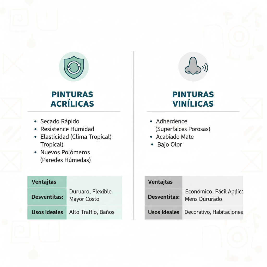 Infografu00eda comparativa de pinturas acru00edlicas y vinu00edlicas lavables, destacando ventajas y usos para interiores venezolanos