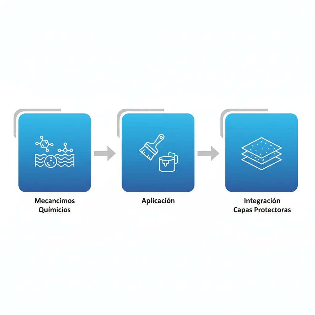 Diagrama de flujo horizontal ilustrando tres etapas del funcionamiento de la pintura resistente al salitre: mecanismos químicos, aplicación y integración con selladores.