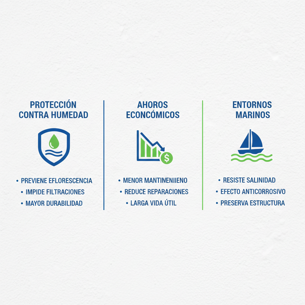Infografía ilustrando beneficios de pintura resistente al salitre: protección, ahorros y ventajas marinas en español.