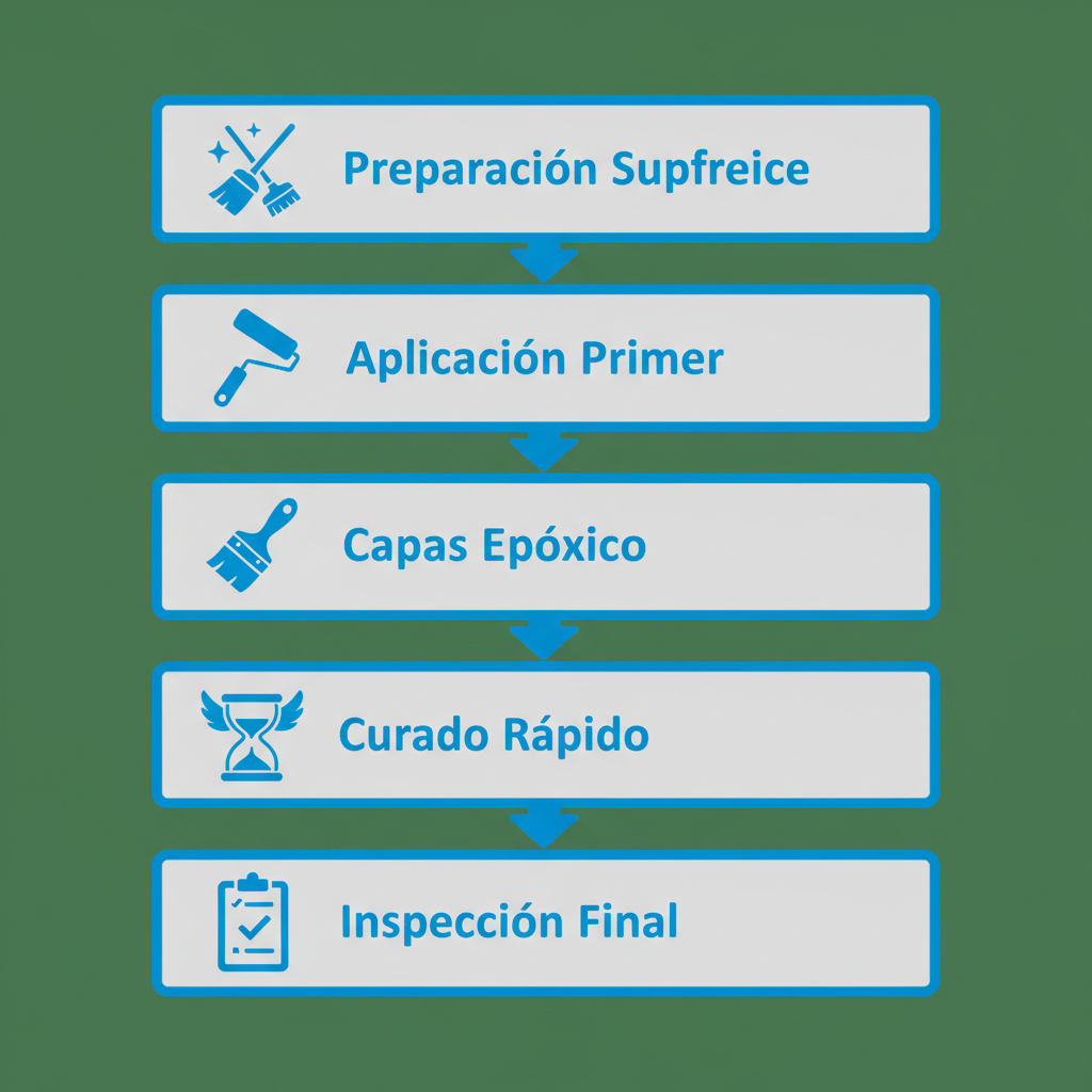 Diagrama de flujo vertical ilustrando los pasos para aplicar recubrimientos epóxicos en pisos industriales en Venezuela