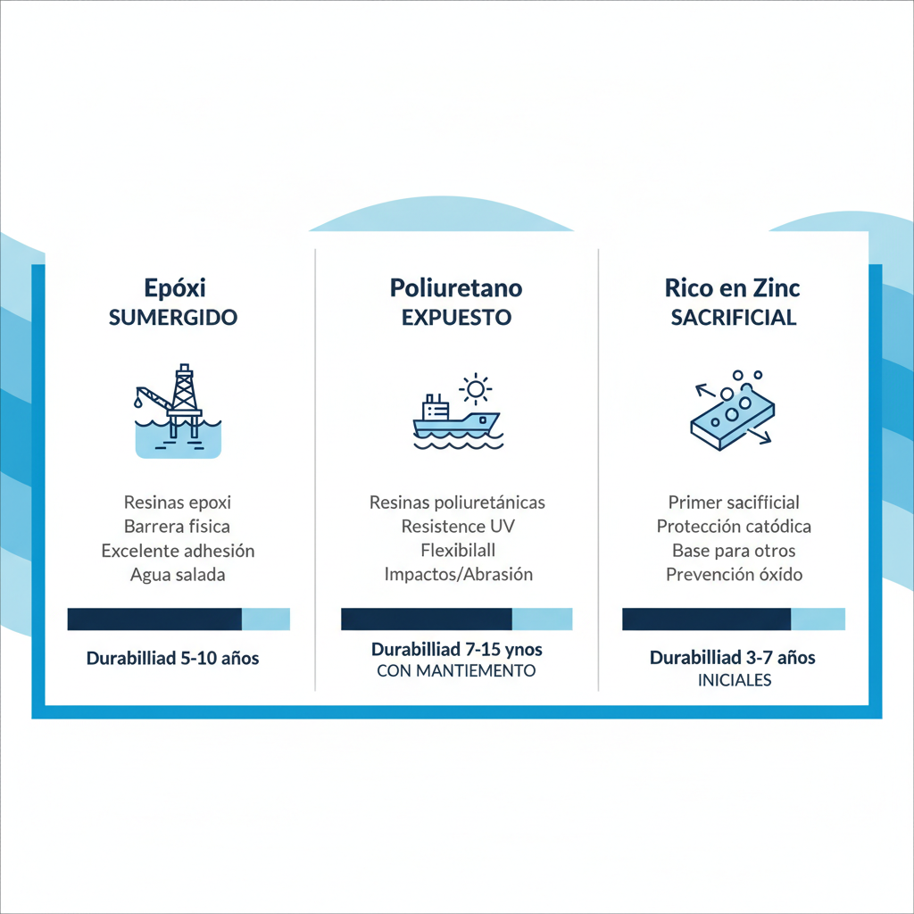 Infografía comparativa de tres tipos de recubrimientos anticorrosivos para entornos marinos: epóxi, poliuretano y rico en zinc