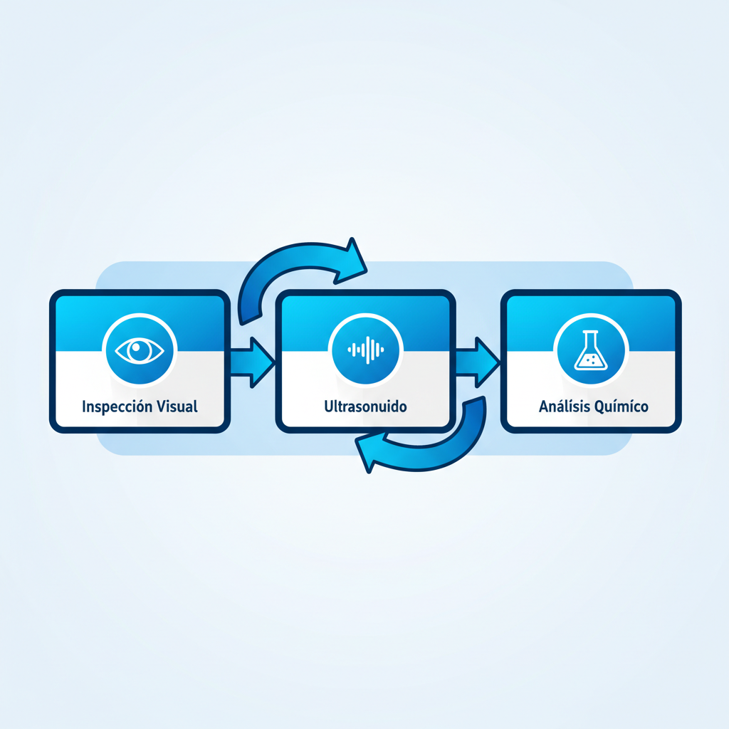 Diagrama de flujo horizontal ilustrando tres etapas de inspección: visual, ultrasonido y análisis químico.