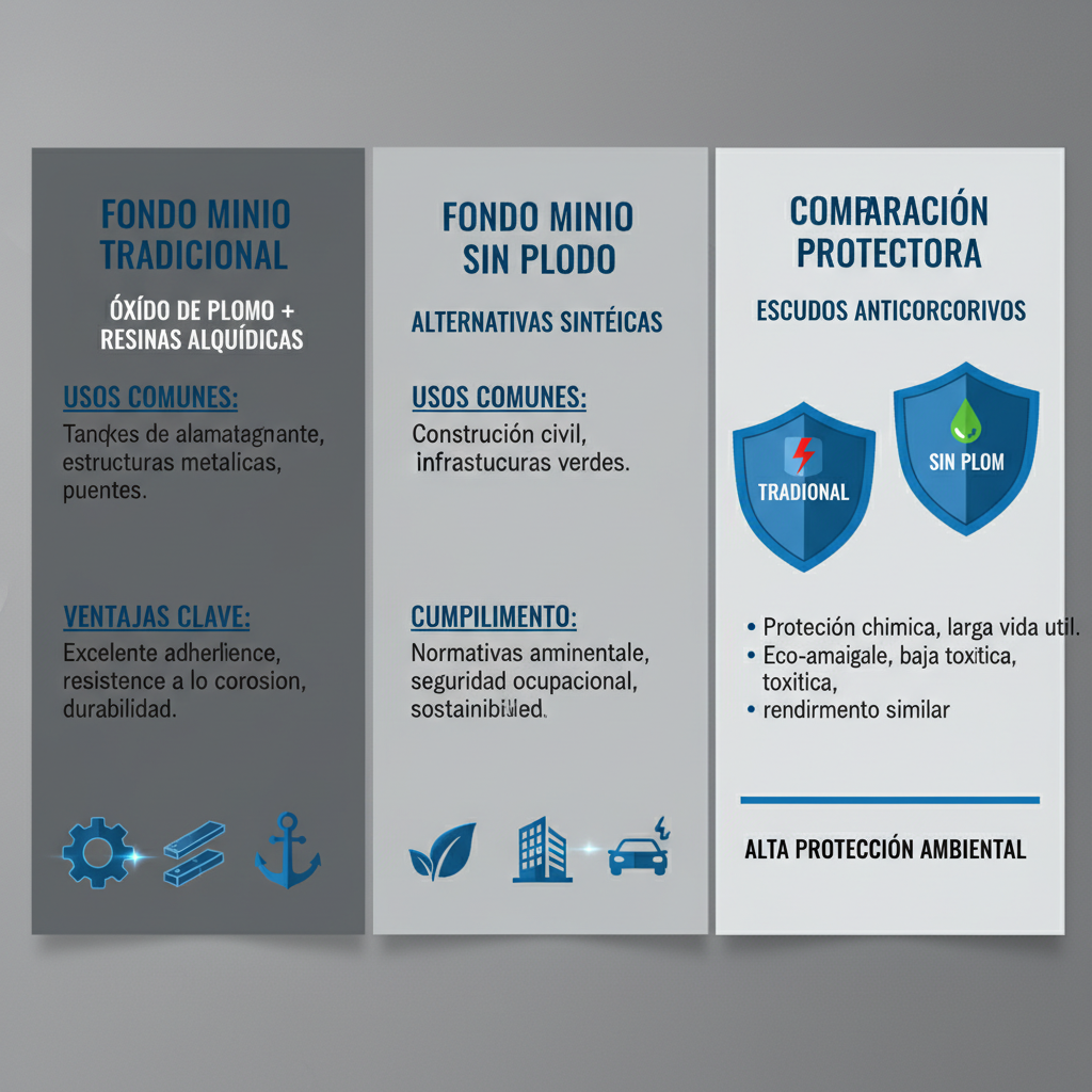 Infografía comparativa de tipos de fondo minio anticorrosivo con íconos de protección y metales en tonos grises y azules.