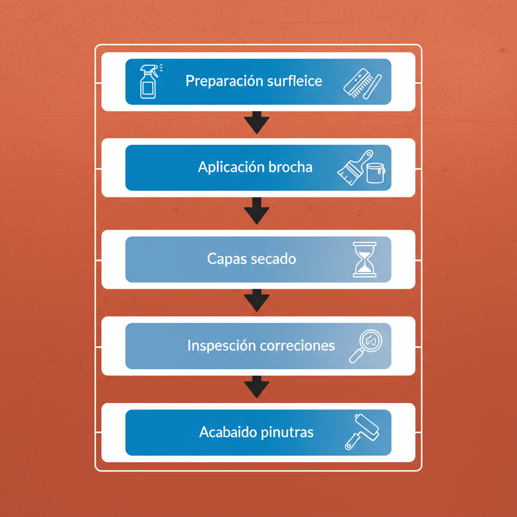 Diagrama de flujo vertical de cinco etapas para la aplicación de fondo minio en metales industriales.