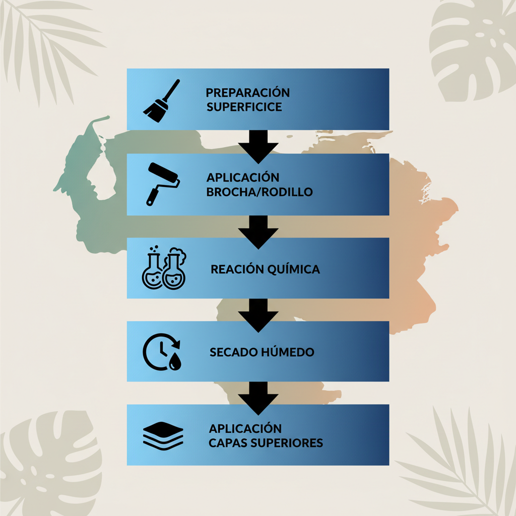 Diagrama de flujo vertical ilustrando los cinco pasos de aplicaciu00f3n del fondo anti-alcalino en concreto nuevo, con u00edconos y conexiones por flechas.