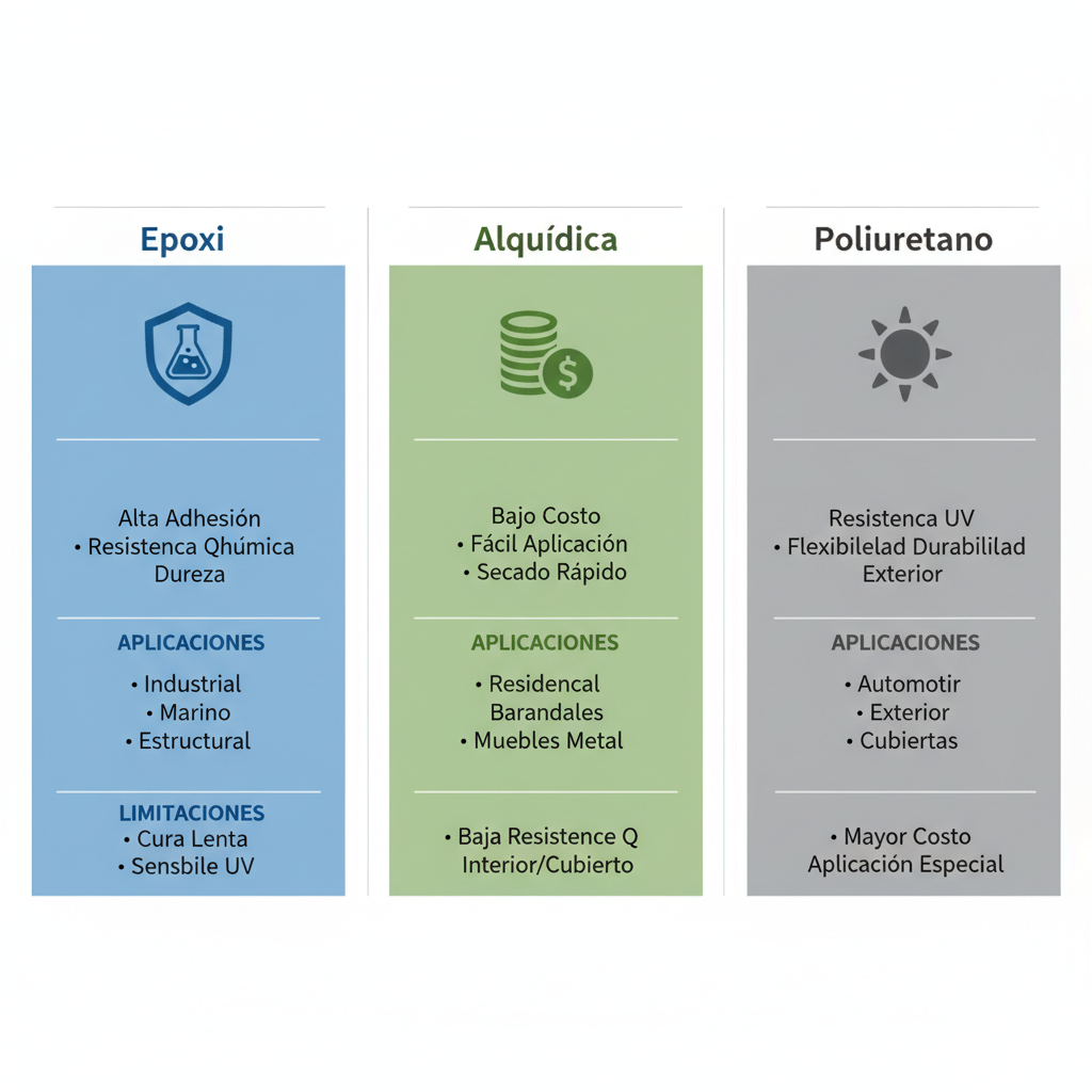 Infografía comparativa de tipos de primers anticorrosivos: epoxi, alquíddica y poliuretano, mostrando ventajas, aplicaciones y limitaciones.