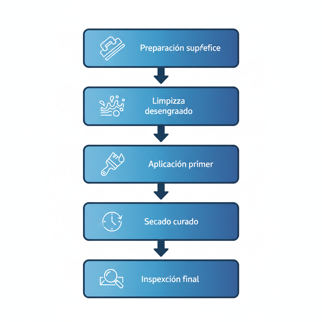 Diagrama vertical de los cinco pasos para aplicar primers anticorrosivos, con iconos y etiquetas breves en español.