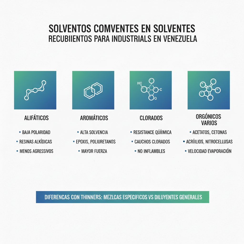 Infografía ilustrando tipos de solventes en recubrimientos: alifáticos, aromáticos, clorados y orgánicos con iconos y propiedades clave en contexto venezolano