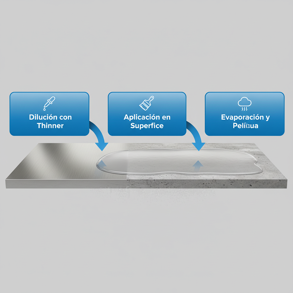 Diagrama de flujo ilustrando las tres etapas del uso de solventes en aplicaciones prácticas industriales, con iconos y conexiones.