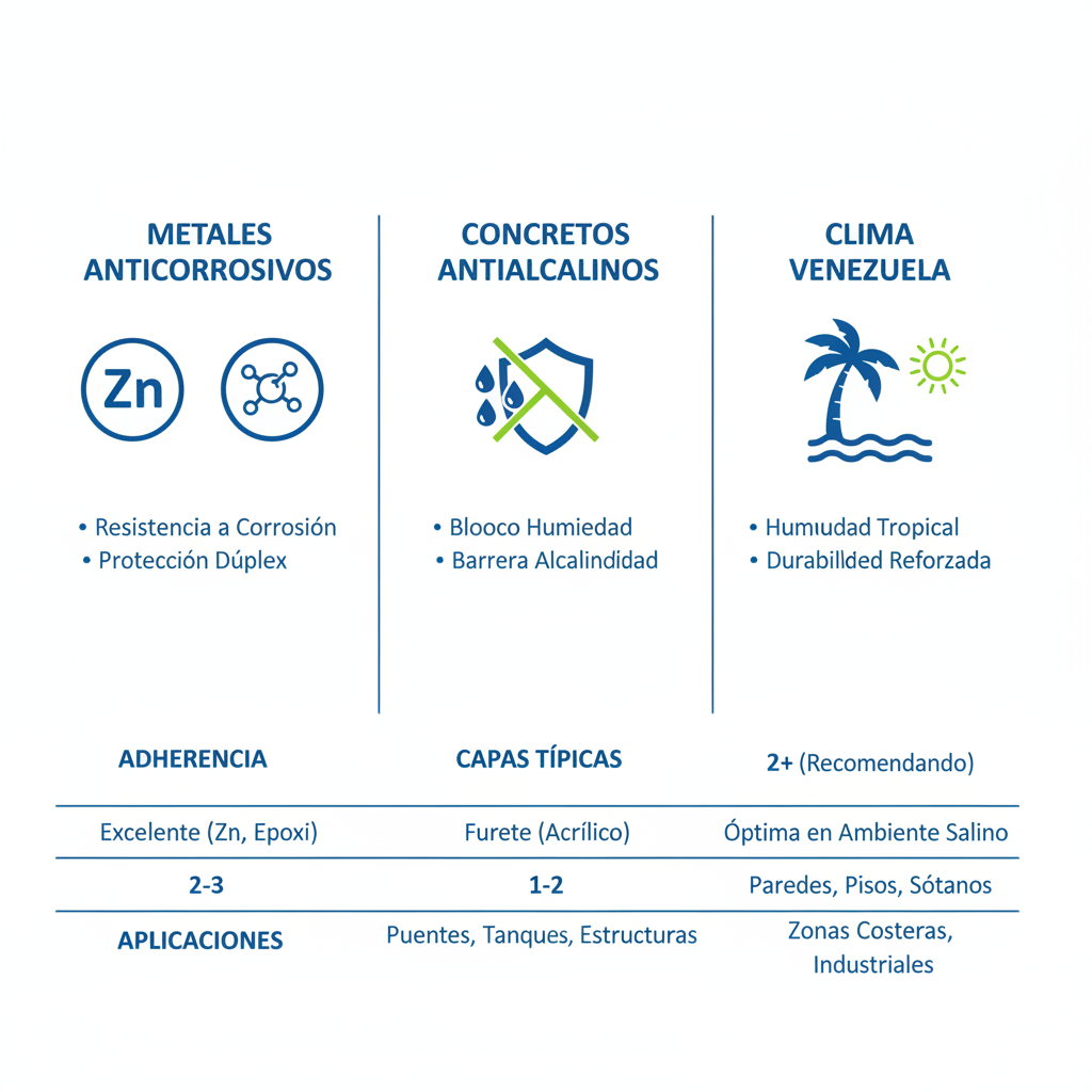 Infografía comparativa de primers anticorrosivos para metales y concretos adaptados al clima venezolano, con íconos y tabla de adherencia, capas y aplicaciones