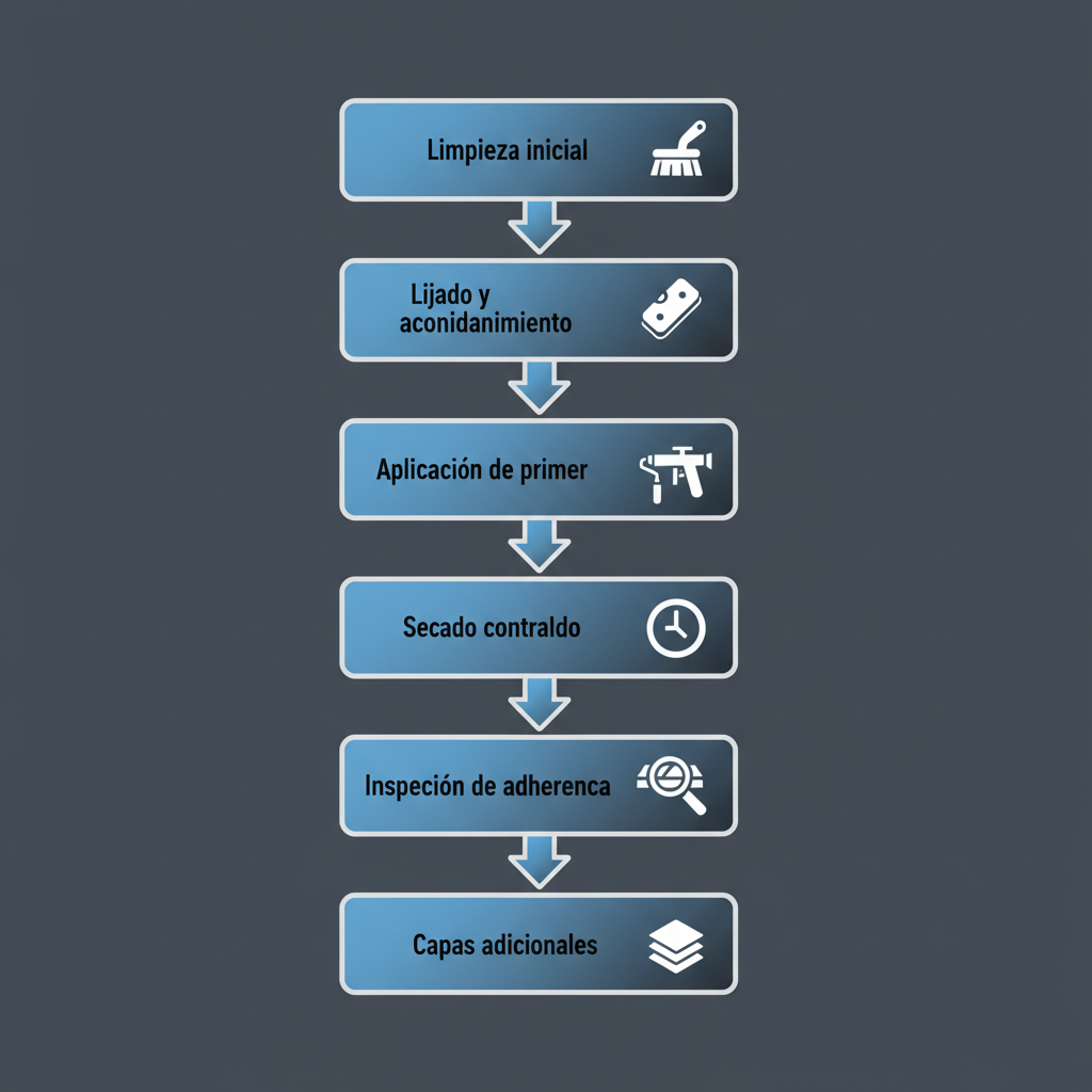 Diagrama de flujo vertical ilustrando los seis pasos para la aplicación efectiva de primers y fondos en superficies venezolanas.