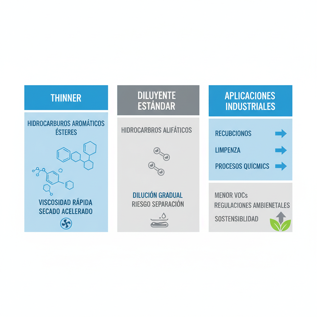 Infografía comparativa de thinner y diluyentes estándar mostrando composición química, efectos en viscosidad y ventajas industriales con iconos y colores azul y gris.