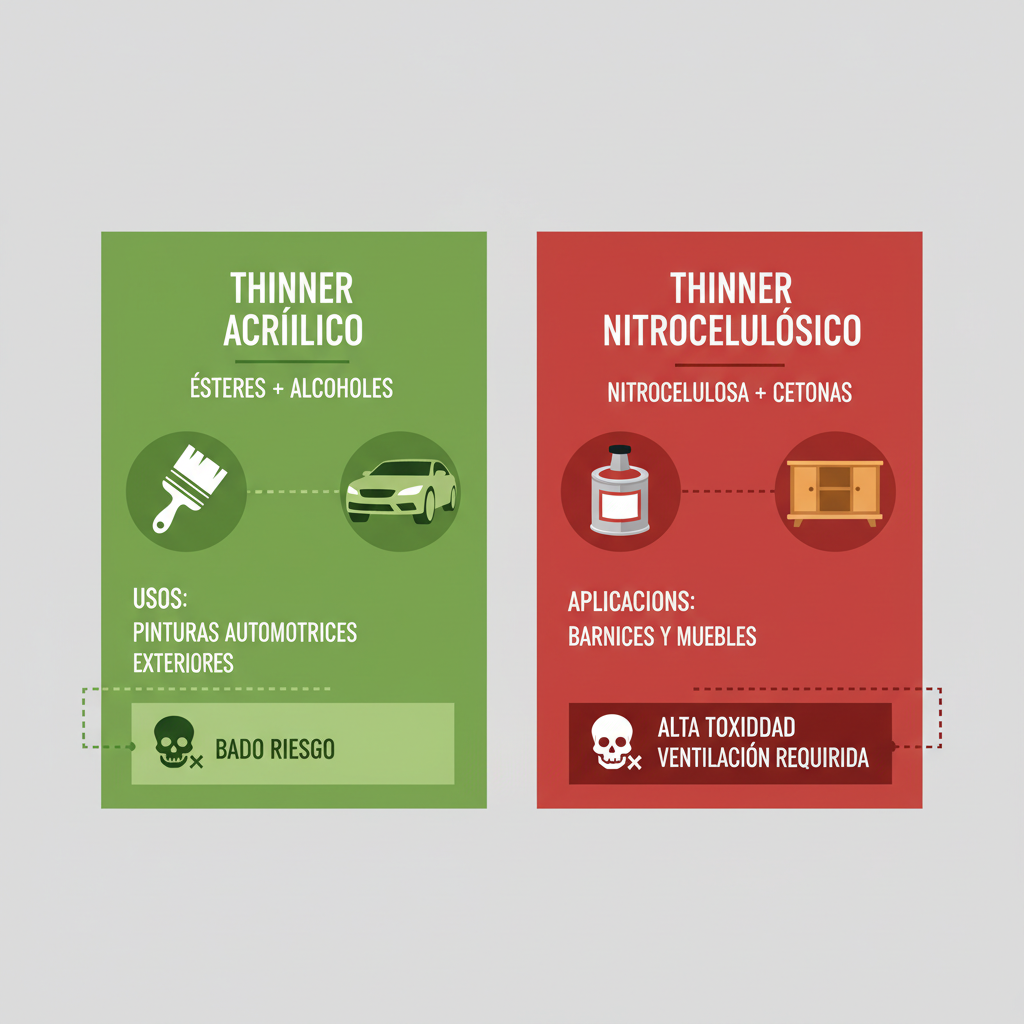 Infografía comparativa de thinner acrílico y nitrocelulósico con paneles ilustrados y colores verde y rojo