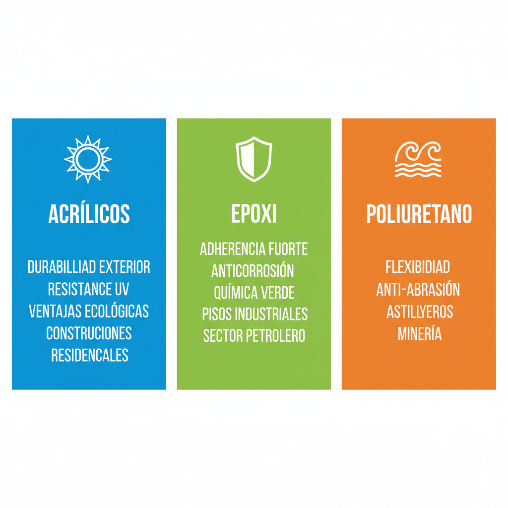 Infografía comparativa de esmaltes sintéticos acrílicos, epoxi y poliuretano destacando propiedades, ventajas y aplicaciones industriales en Venezuela con enfoque en sostenibilidad.