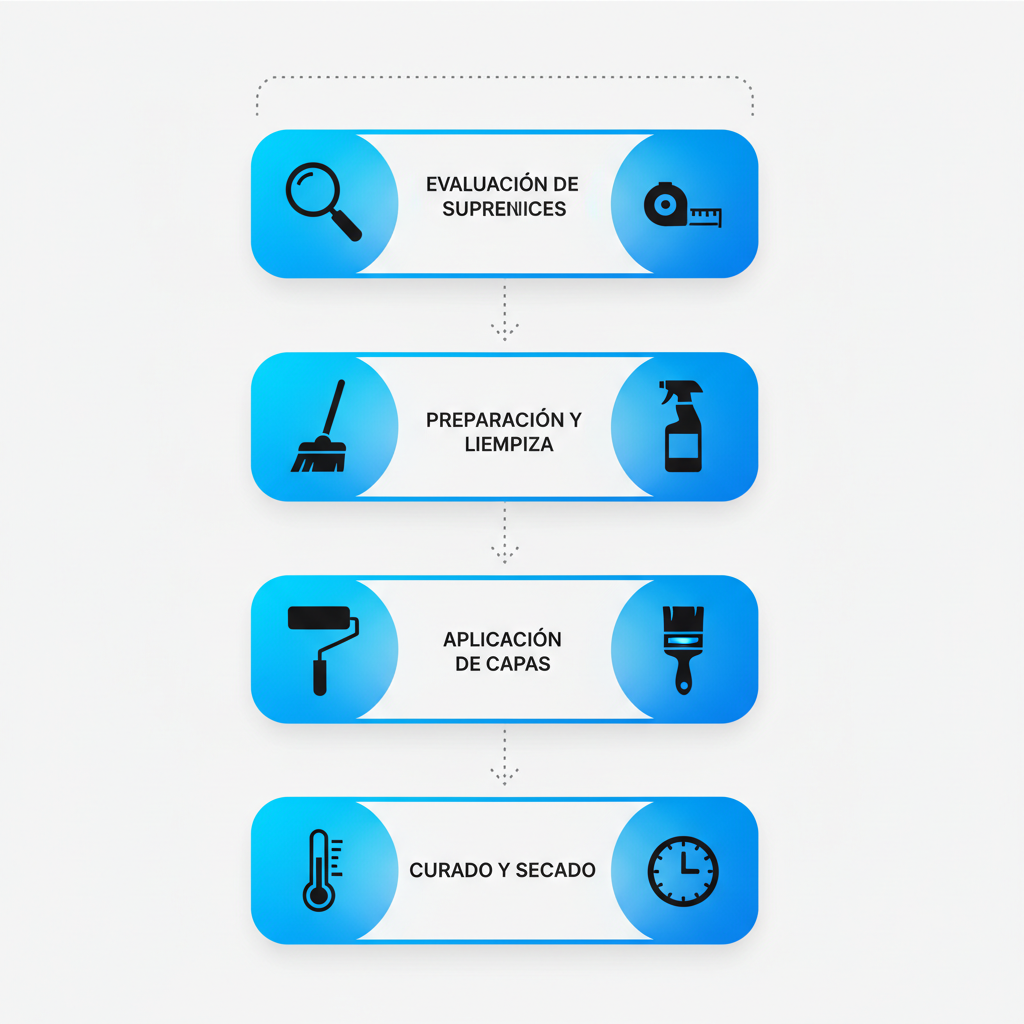 Diagrama de flujo vertical ilustrando los pasos de aplicaciu00f3n de pintura epu00f3xica en quiru00f3fanos, enfatizando higiene y sostenibilidad en recubrimientos arquitectu00f3nicos.