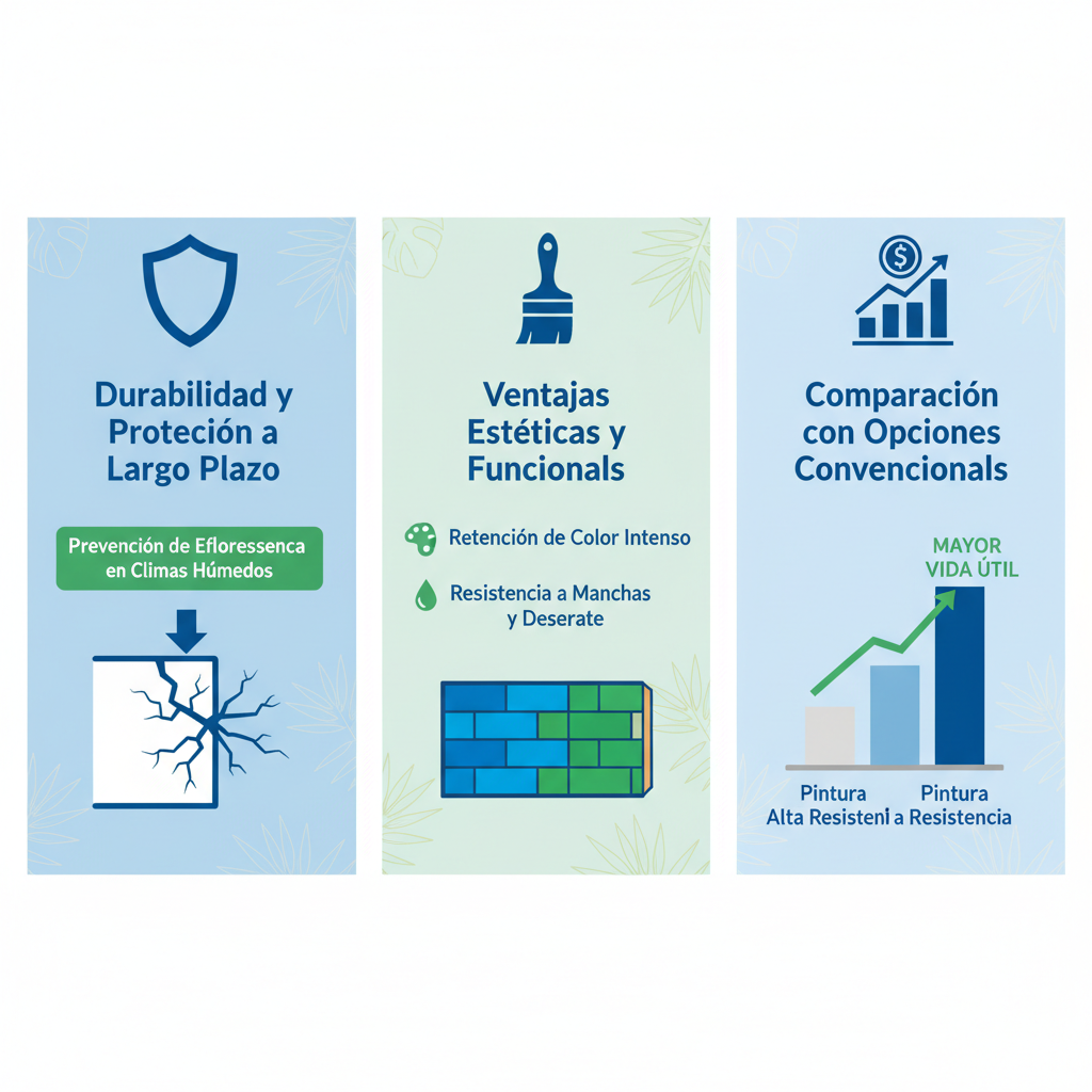 Infografía ilustrando beneficios de pintura resistente a la alcalinidad: durabilidad, estética y ahorro de costos en entornos venezolanos.