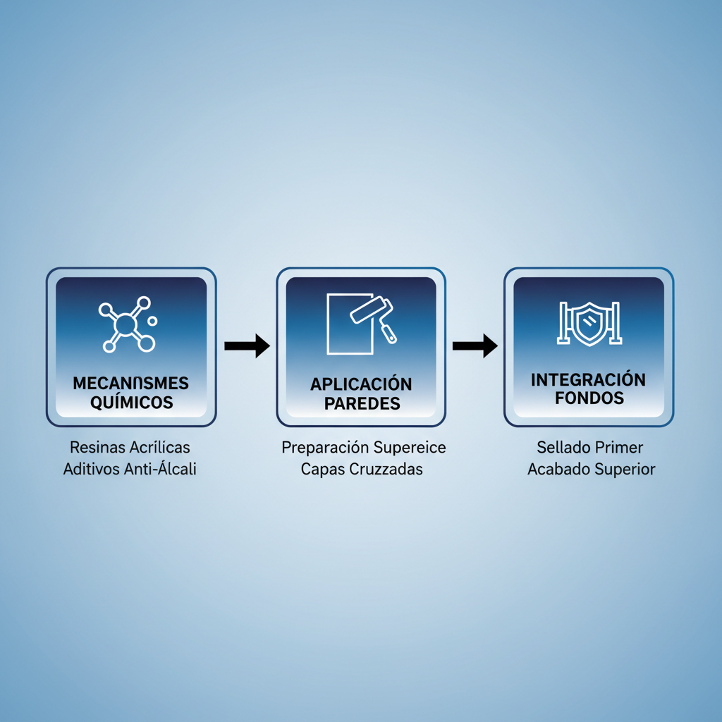 Diagrama de flujo horizontal ilustrando el proceso de aplicación de pintura resistente a la alcalinidad en tres etapas.