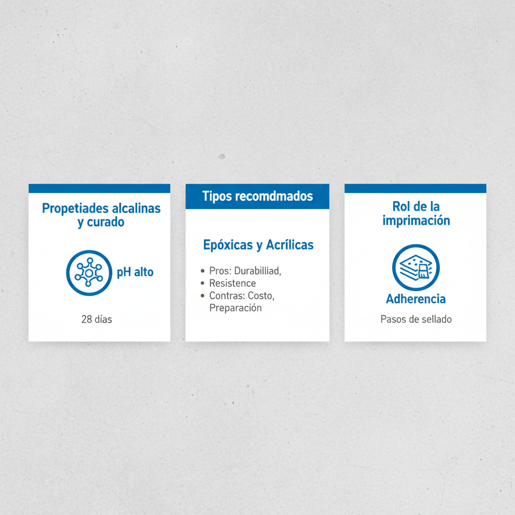 Infografía explicando propiedades, tipos y imprimación de pintura para concreto nuevo