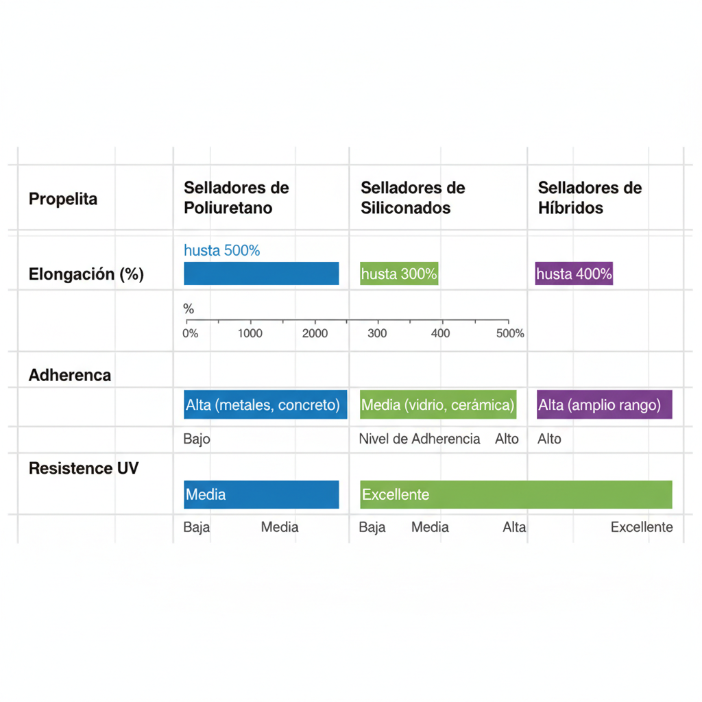 Tabla comparativa de propiedades de selladores elu00e1sticos: poliuretano, siliconados e hu00edbridos, con barras de colores azul, verde y morado.