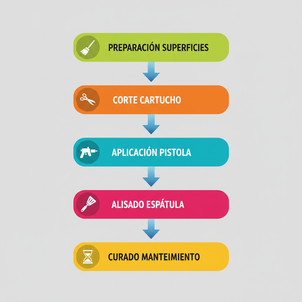 Diagrama de flujo vertical ilustrando los cinco pasos para aplicar selladores de alta elasticidad