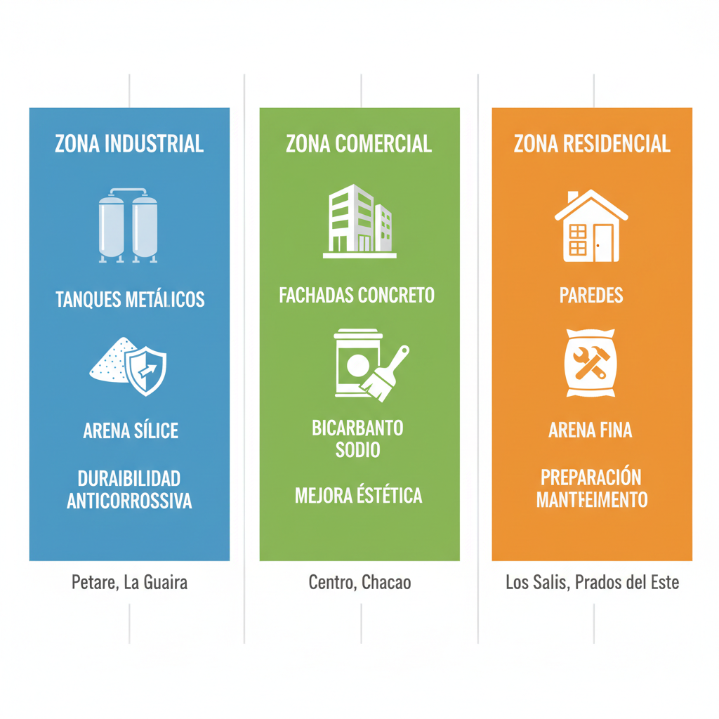 Infografía de aplicaciones de sandblasting en zonas industrial, comercial y residencial de Caracas
