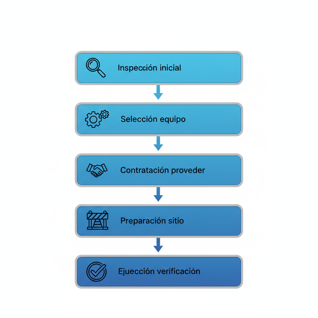 Diagrama vertical de cinco etapas para el proceso inicial de sandblasting en Caracas con íconos y flechas.