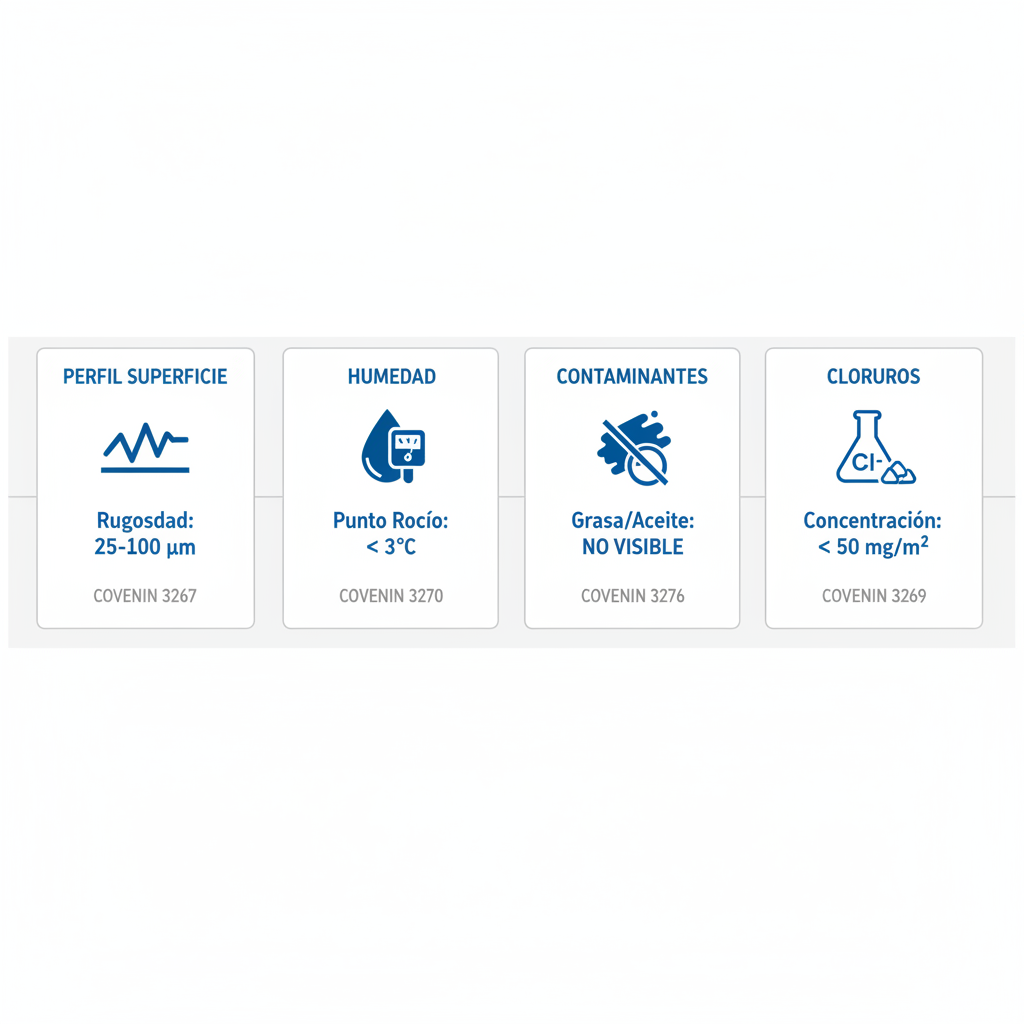 Infografía ilustrando los fundamentos clave de inspecciones técnicas de superficies para recubrimientos con paneles de perfil, humedad, contaminantes y cloruros.