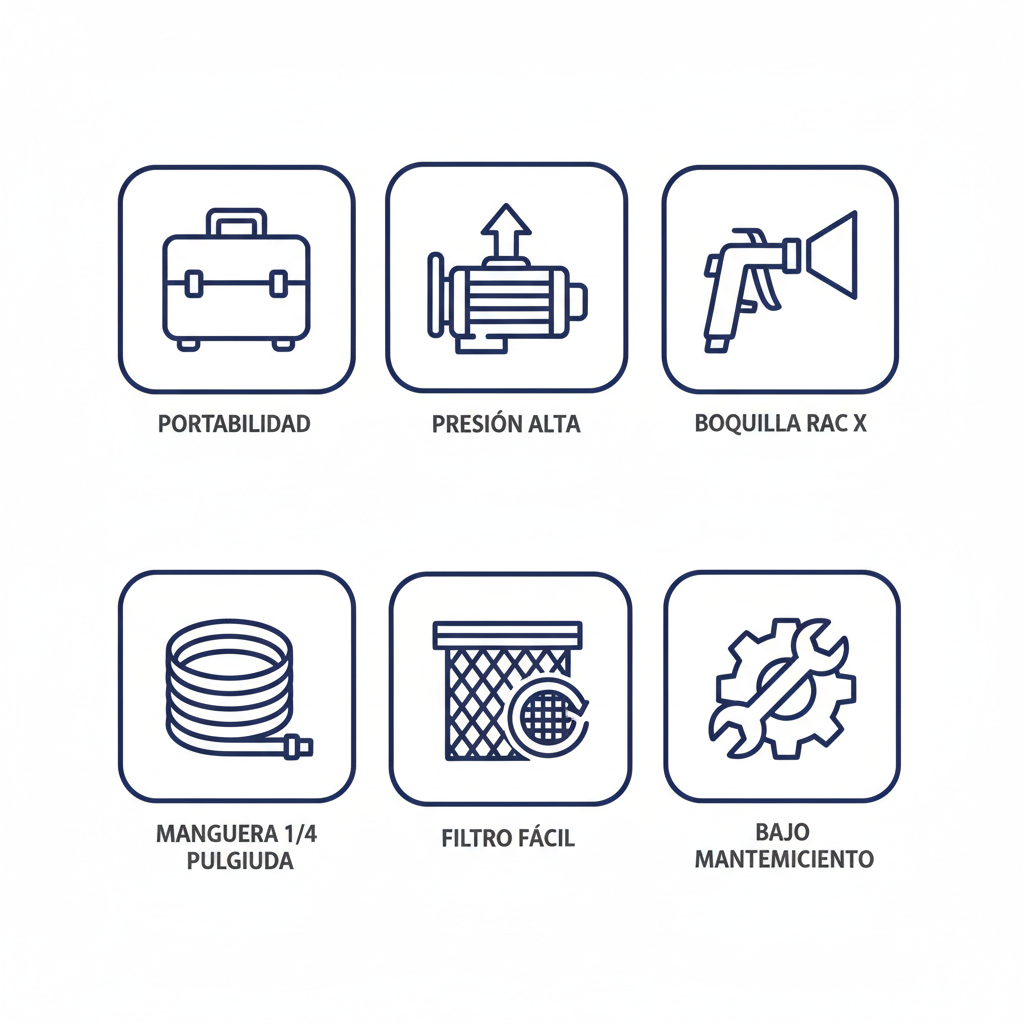 Conjunto de iconos en outline representando características clave del equipo Graco Magnum X7: portabilidad, presión alta, boquilla RAC X, manguera, filtro y bajo mantenimiento.