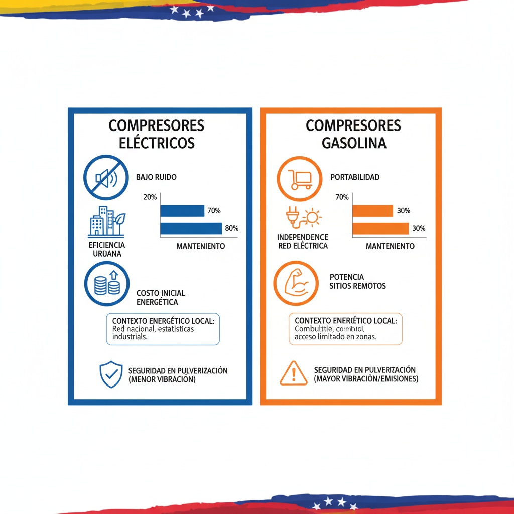 Infografía comparativa de compresores de pintura eléctricos versus de gasolina, destacando beneficios para usos industriales y residenciales en Venezuela