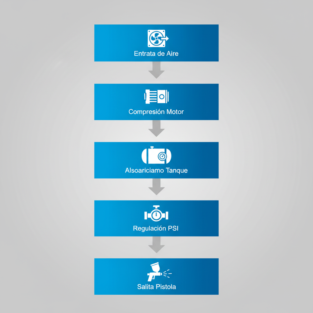 Diagrama de flujo vertical del funcionamiento de un compresor de pintura con cinco etapas ilustradas