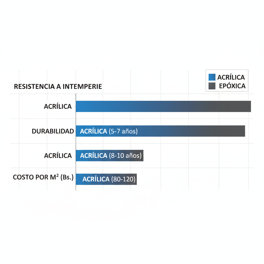 Gráfico de barras comparando pinturas acrílicas y epóxicas para canchas, mostrando resistencia, durabilidad y costo en entornos venezolanos