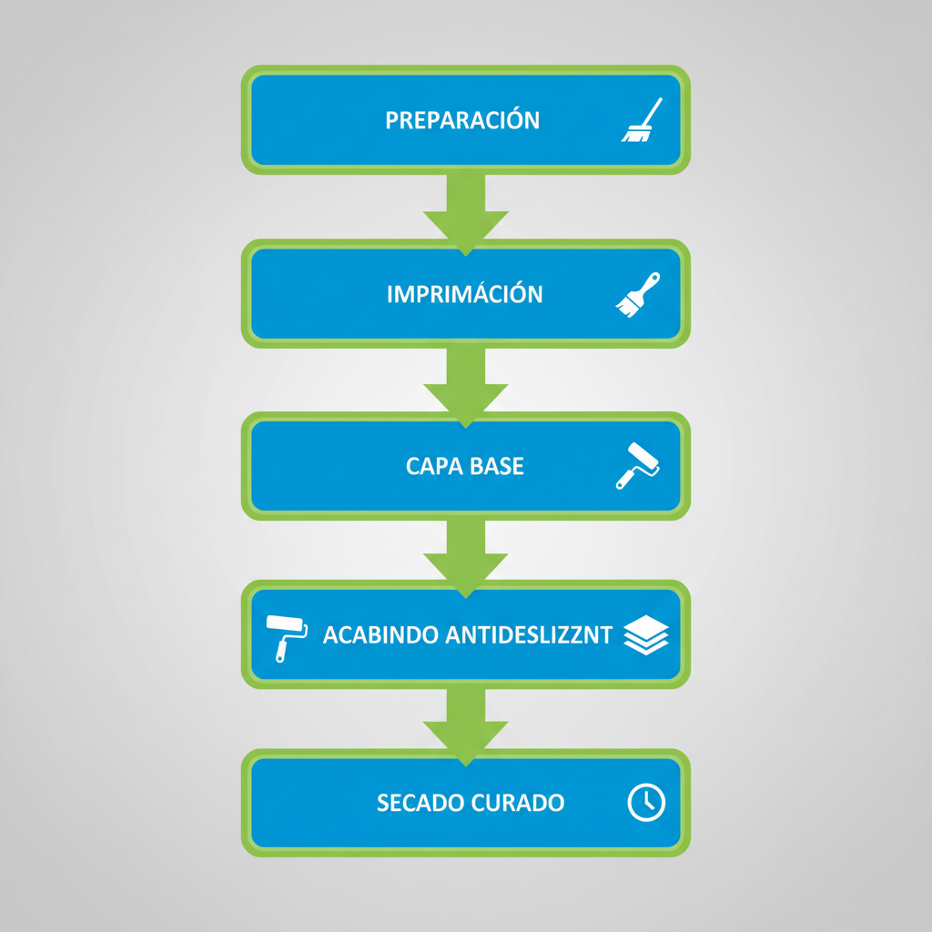 Diagrama de flujo vertical de cinco etapas para la aplicación de pinturas en canchas de concreto, incluyendo preparación, imprimación y curado en clima tropical.
