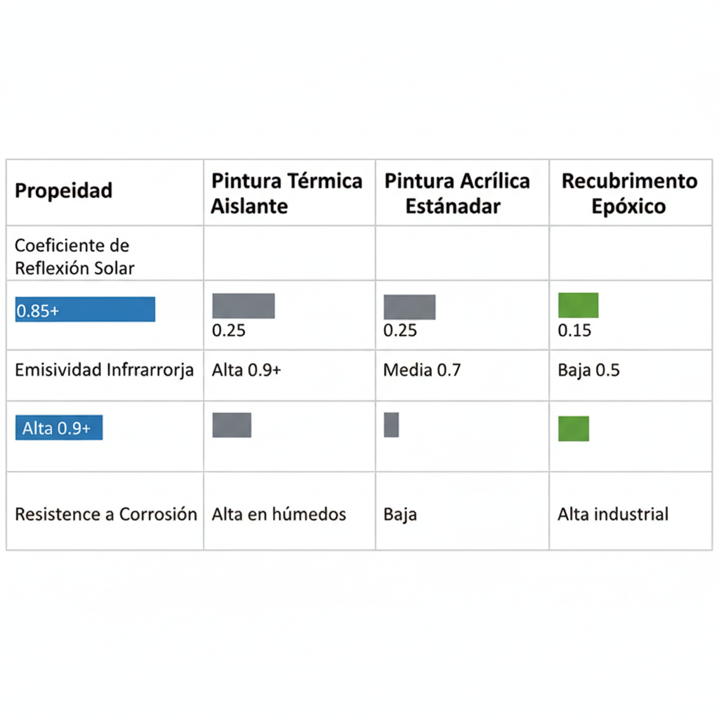 Tabla comparativa de propiedades de recubrimientos térmicos aislantes versus acrílicos y epóxicos en español