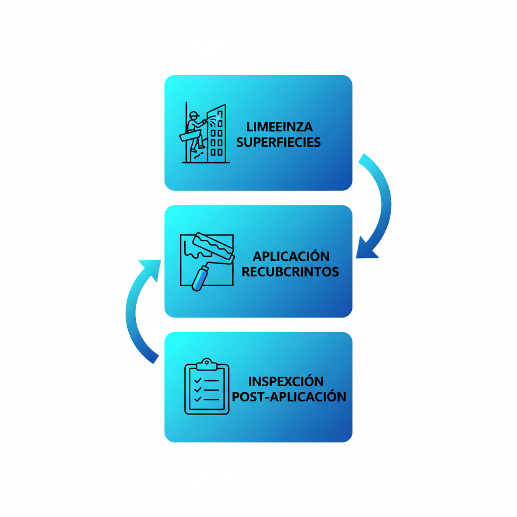 Diagrama de flujo vertical del proceso de mantenimiento de fachadas con tres etapas ilustradas.