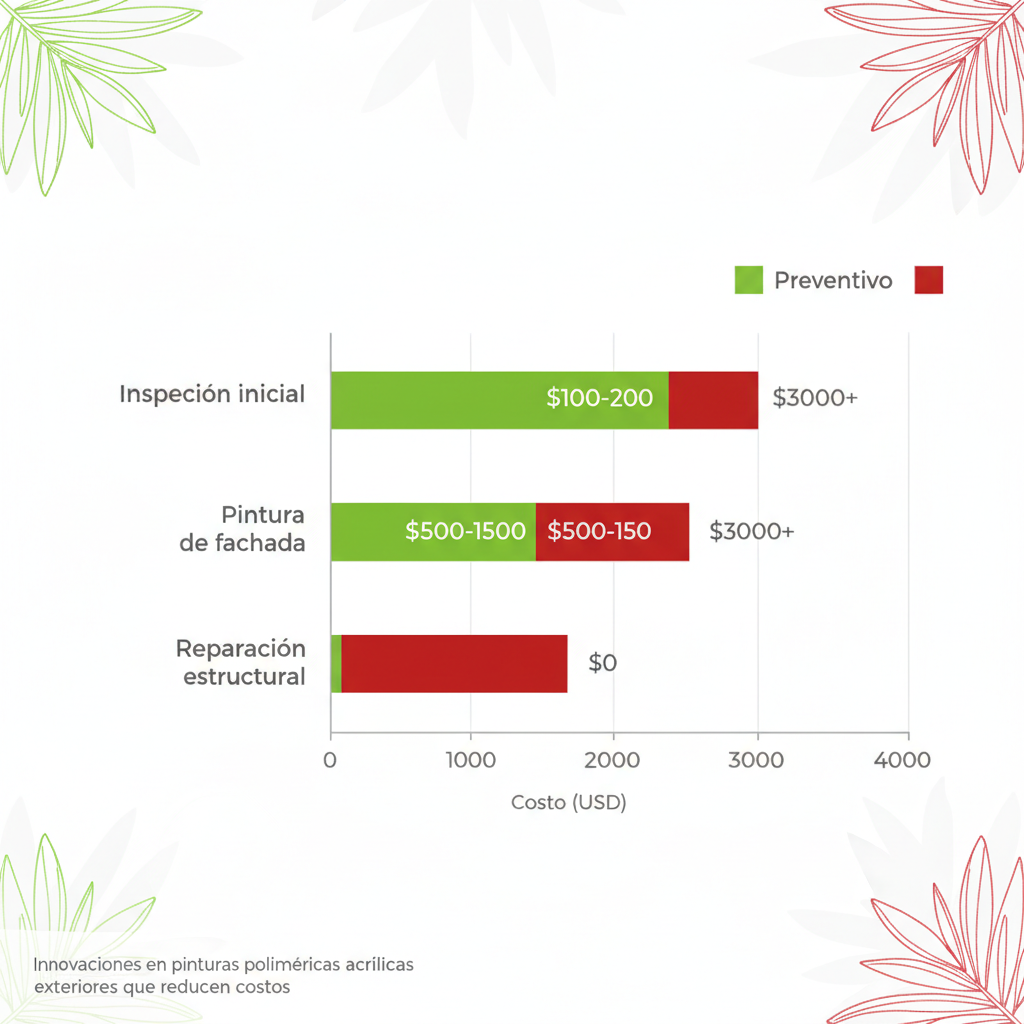 Gráfico de barras horizontales comparando costos de mantenimiento preventivo y reactivo en fachadas, con barras verdes y rojas etiquetadas en dólares