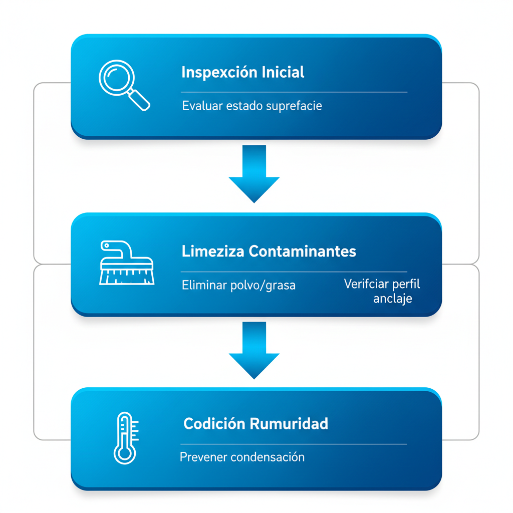 Diagrama de flujo vertical ilustrando los pasos de preparación de superficies para pintura airless: inspección, limpieza, medición de rugosidad y control de humedad con íconos y etiquetas breves.