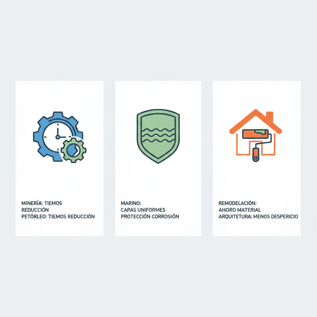 Infografía comparativa de ventajas de pulverización airless: eficiencia industrial, beneficios anticorrosivos y ventajas arquitectónicas en Venezuela