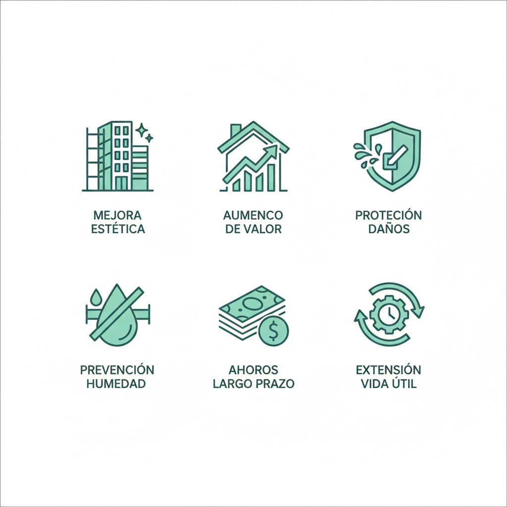 Conjunto de íconos ilustrando beneficios de la restauración de fachadas en Venezuela: mejora estética, aumento de valor, protección, prevención de humedad, ahorros y extensión de vida útil.