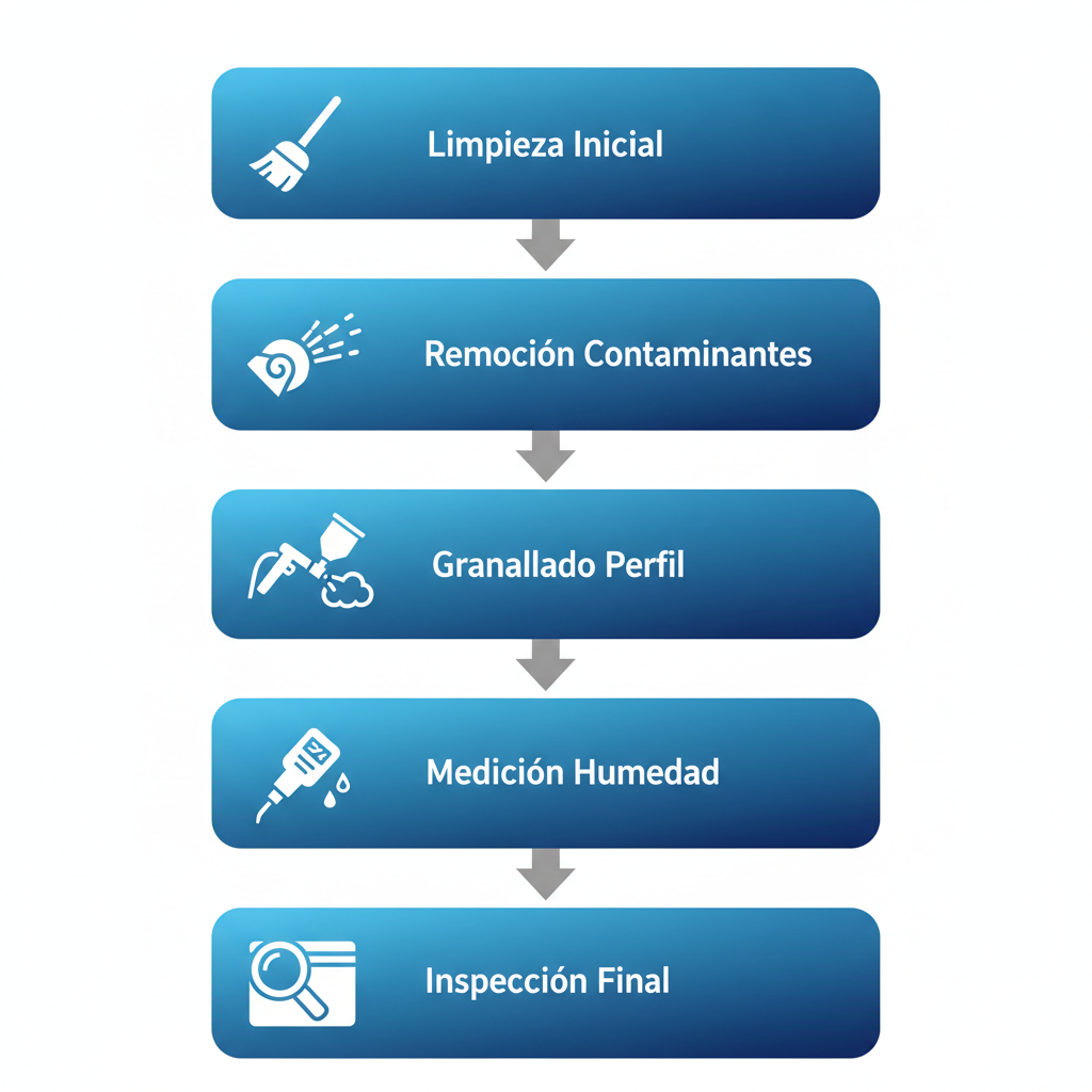 Diagrama de flujo vertical ilustrando los pasos para preparar superficies metu00e1licas antes de aplicar pintura anticorrosiva, con iconos y etiquetas en espau00f1ol.