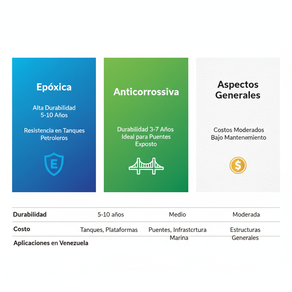 Infografu00eda horizontal comparando beneficios de pinturas epu00f3xica y anticorrosiva para estructuras metu00e1licas en Venezuela