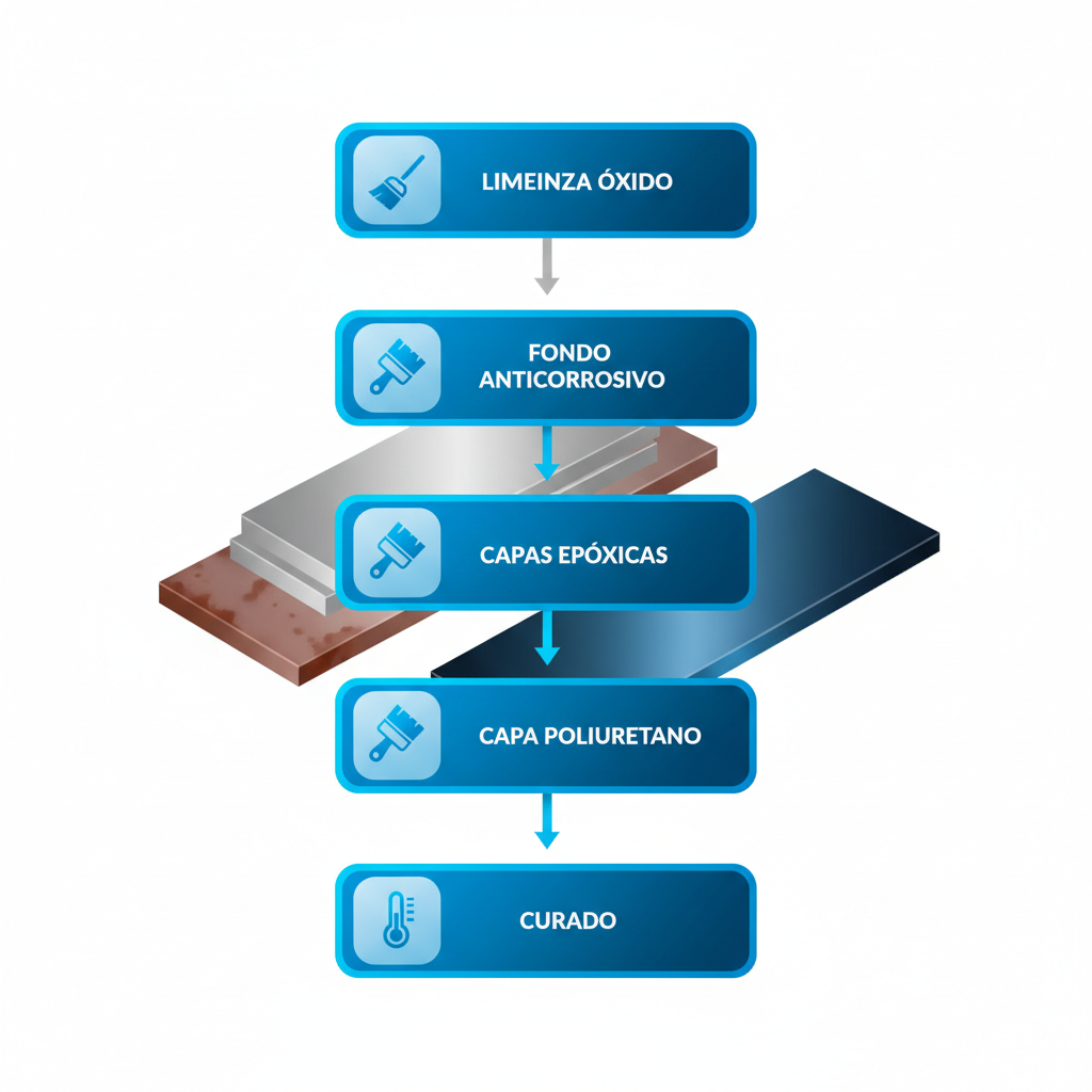 Diagrama de flujo vertical ilustrando los pasos clave para aplicar pintura en metal ferroso, desde limpieza hasta curado, con iconos y gradientes azules.