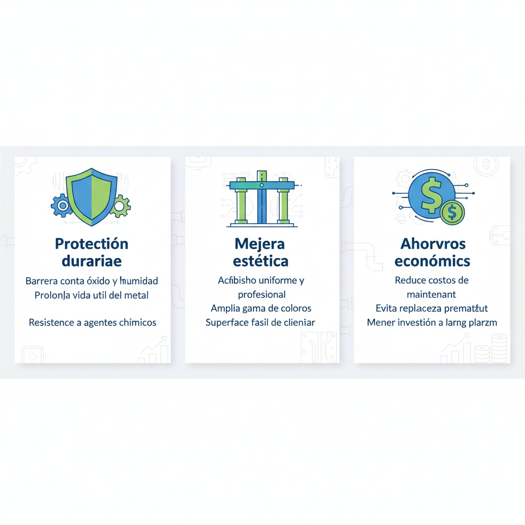Infografu00eda horizontal con tres secciones sobre ventajas de la pintura anticorrosiva en metales ferrosos: protecciu00f3n, mejora estu00e9tica y ahorros econu00f3micos.