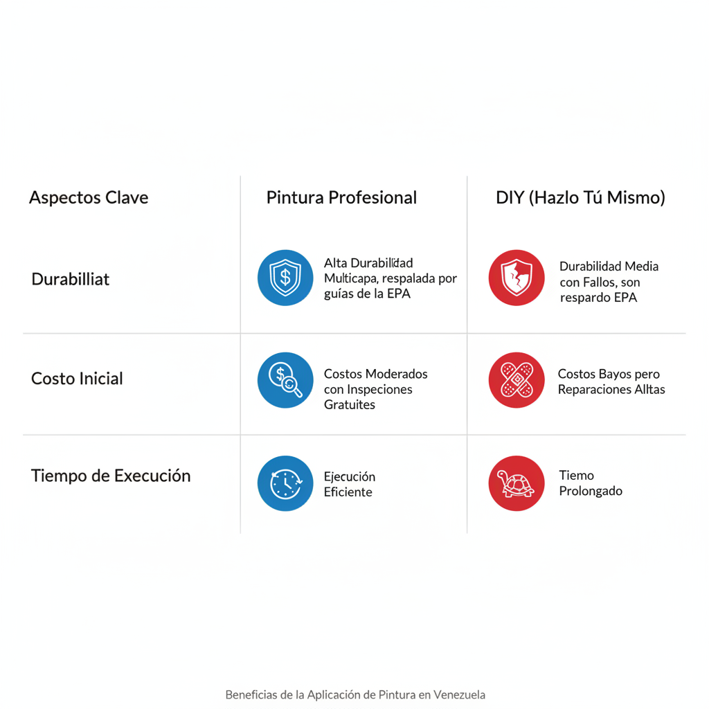 Infografía comparativa de beneficios de aplicación profesional de pintura versus DIY, enfocada en durabilidad, costo y tiempo en Venezuela