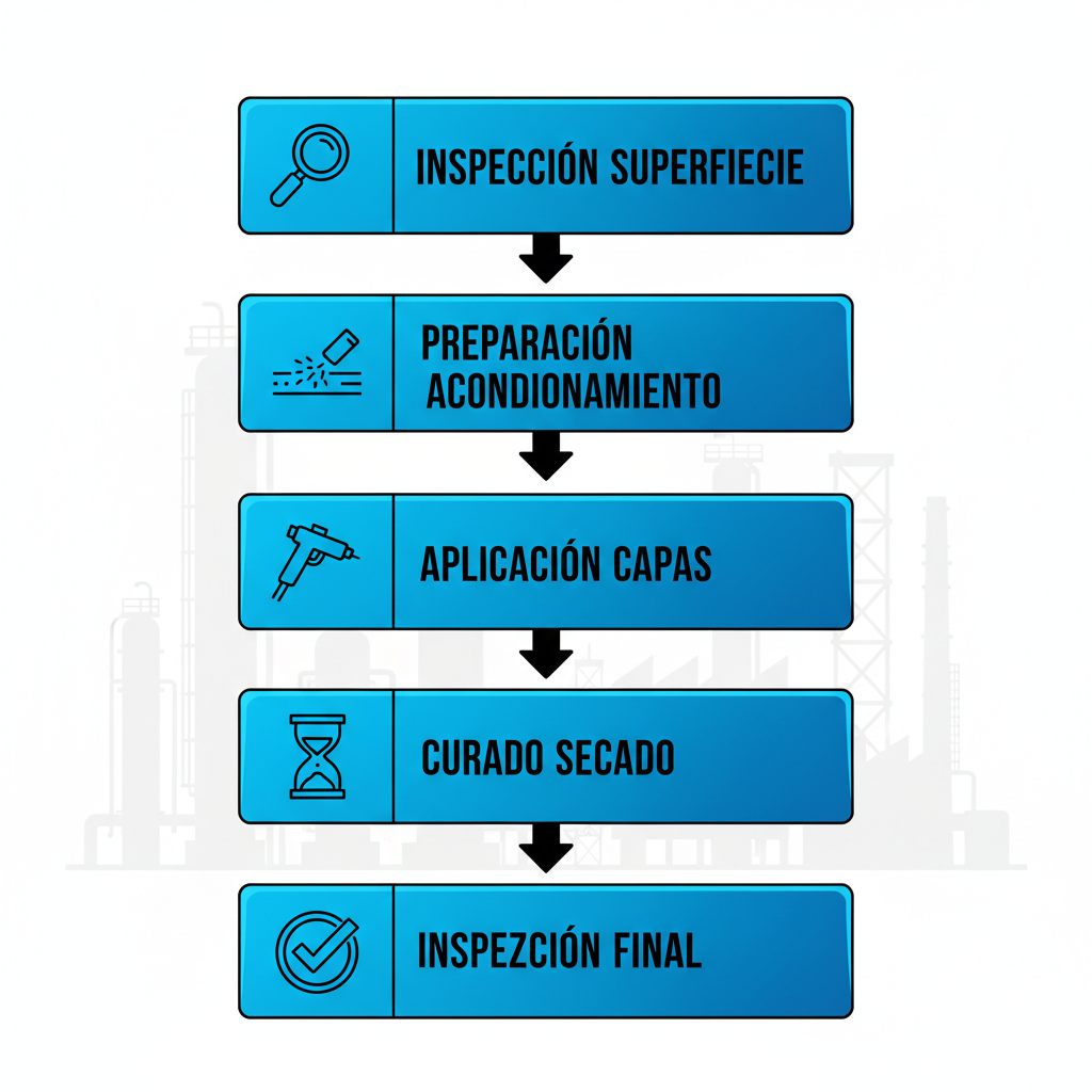 Diagrama de flujo vertical ilustrando los cinco pasos del servicio de aplicación de pintura industrial: inspección, preparación, aplicación, curado e inspección final con iconos representativos.