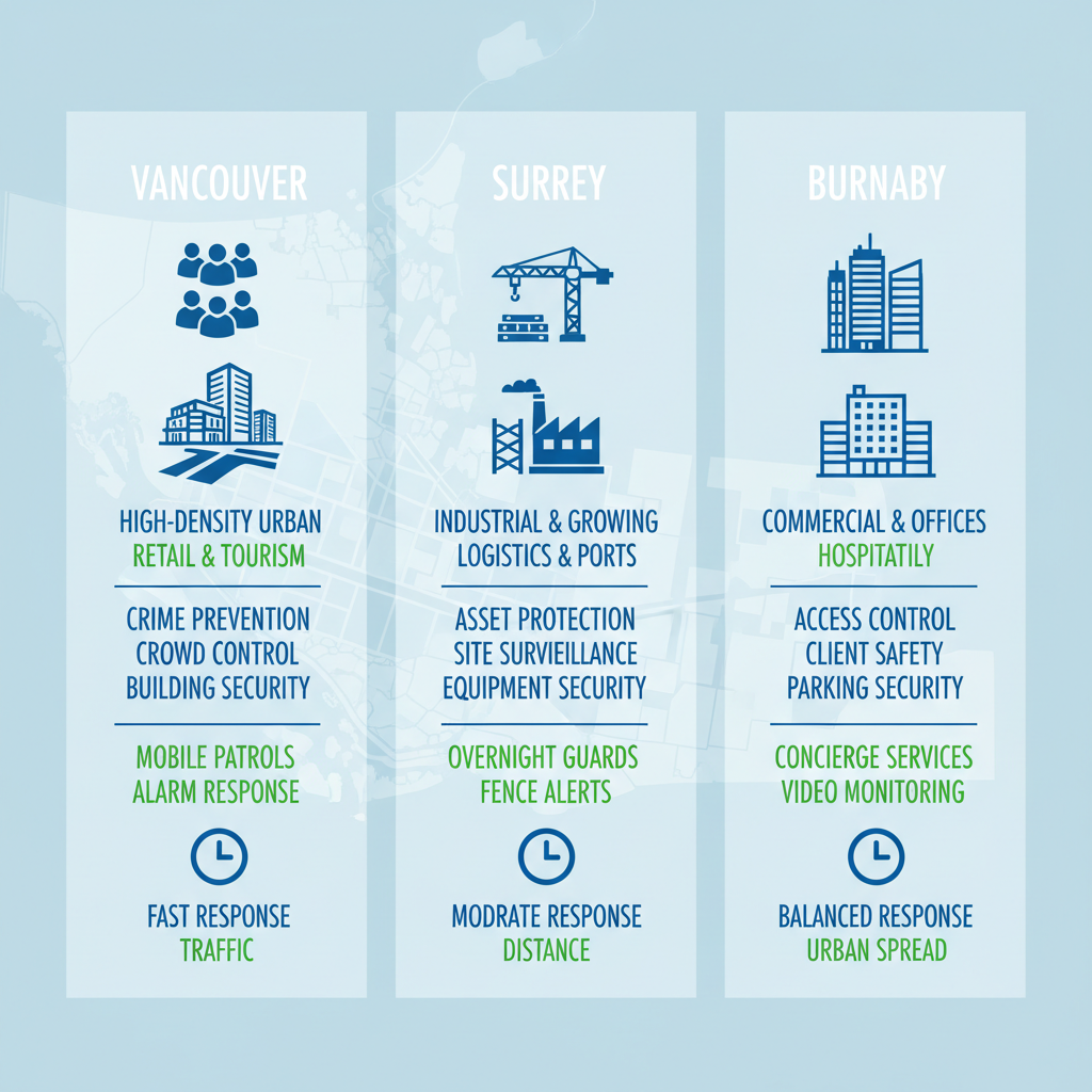 Infographic comparing security needs and services in Vancouver, Surrey, and Burnaby with urban, industrial, and commercial icons.