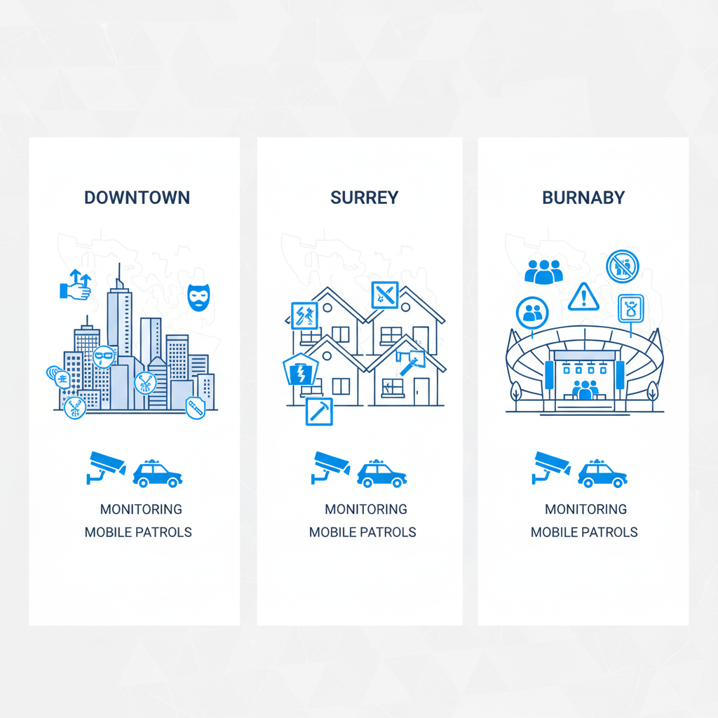 Infographic illustrating security challenges like theft, break-ins, and event risks, plus solutions such as CCTV and patrols in Downtown Vancouver, Surrey, and Burnaby areas.